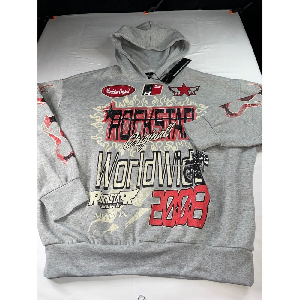 Rockstar Original Mens Gray Graphic Hoodie Worldwide 2008 Y2K Streetwear L NWT